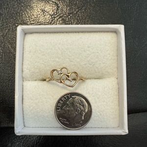 10K Solid Yellow Gold Double Heart Diamond Ring - Sz 7
